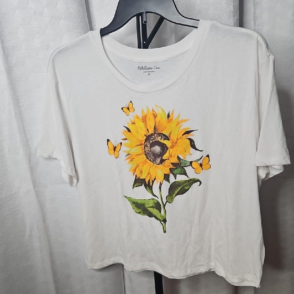 Rebellious One White Sunflower and Butterfly Tee